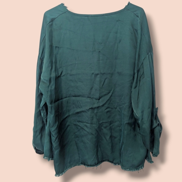 Brand Bazar Emerald Green Silk Fringe Open Front Roll-Tab Lightweight Cardigan - Picture 2 of 11